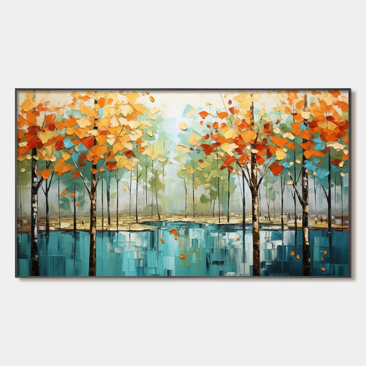 AUTUMN REFLECTIONS: Textured Landscape Oil Painting | hanging in living room, textured wall art
