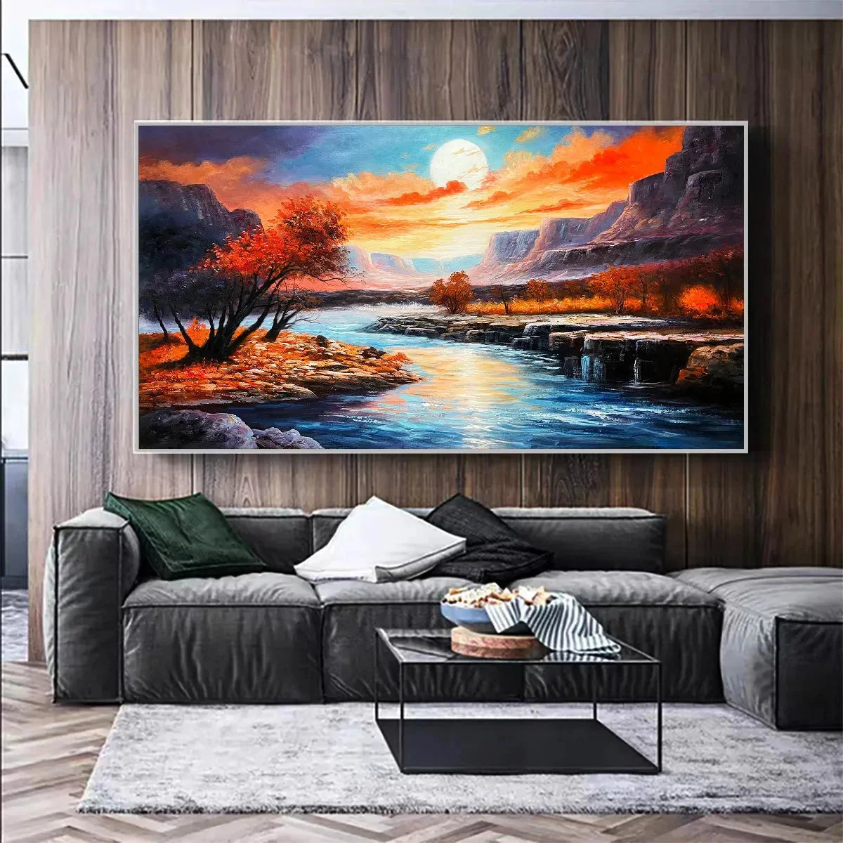 AUTUMN RIVER: Landscape Painting of a River at Sunset, Mountains, and Autumn Trees, Modern Wall Art | textured closeup, raised brushwork detail