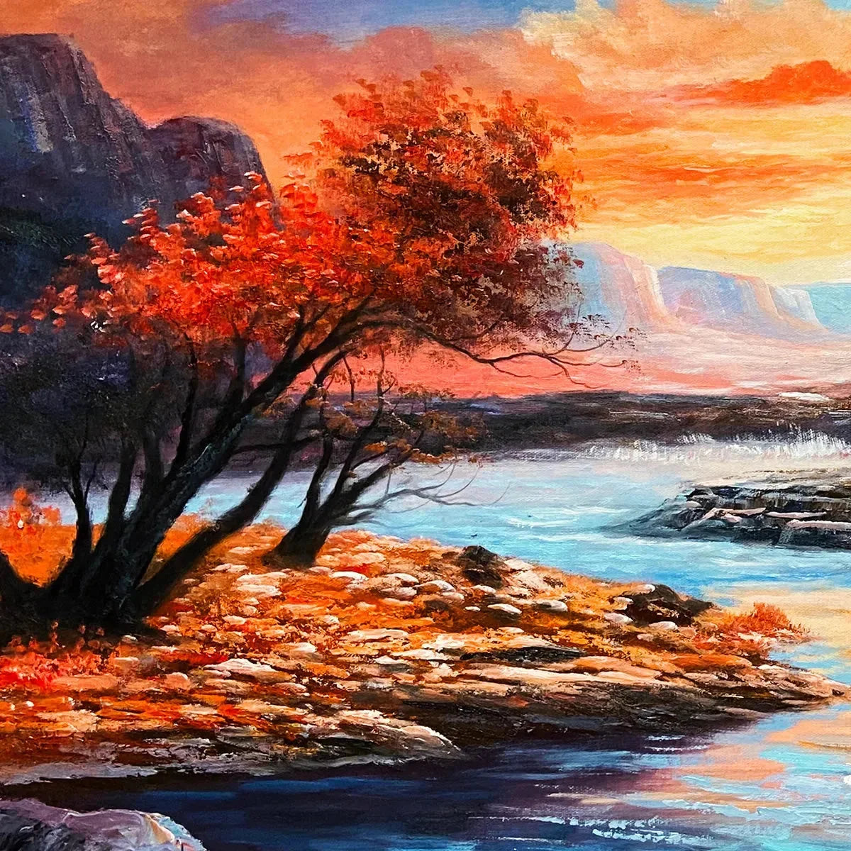 AUTUMN RIVER: Landscape Painting of a River at Sunset, Mountains, and Autumn Trees, Modern Wall Art | rectangular format, hand-painted canvas edge