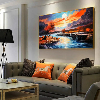AUTUMN RIVER: Landscape Painting of a River at Sunset, Mountains, and Autumn Trees, Modern Wall Art | gold frame stretched on neutral wall