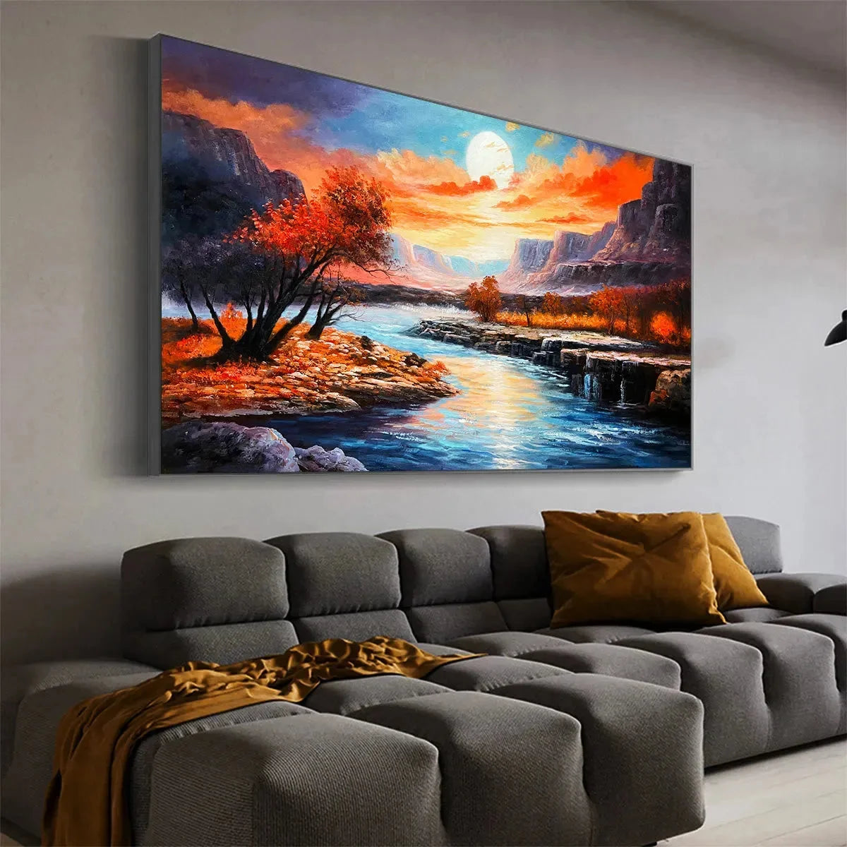 AUTUMN RIVER: Landscape Painting of a River at Sunset, Mountains, and Autumn Trees, Modern Wall Art | rolled canvas, ready for custom framing