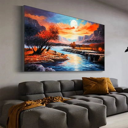 AUTUMN RIVER: Landscape Painting of a River at Sunset, Mountains, and Autumn Trees, Modern Wall Art | rolled canvas, ready for custom framing