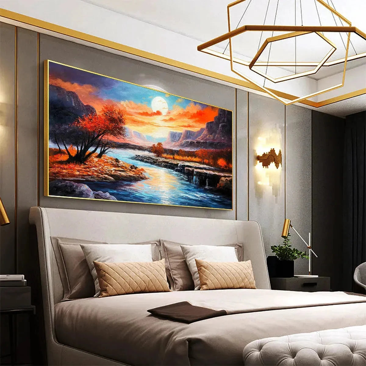 AUTUMN RIVER: Landscape Painting of a River at Sunset, Mountains, and Autumn Trees, Modern Wall Art | black frame version on white wall