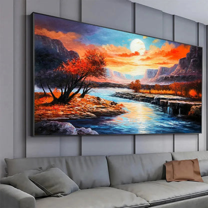 AUTUMN RIVER: Landscape Painting of a River at Sunset, Mountains, and Autumn Trees, Modern Wall Art | textured mood, soft natural light studio shot