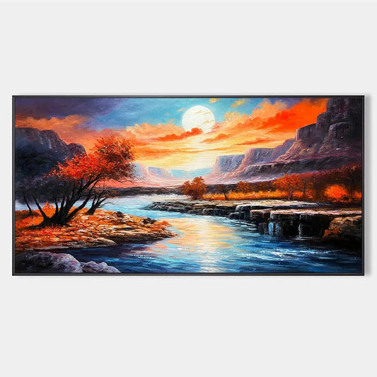 AUTUMN RIVER: Landscape Painting of a River at Sunset, Mountains, and Autumn Trees, Modern Wall Art | hanging in living room, textured wall art