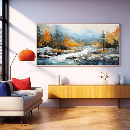 AUTUMN RIVER: Textured Landscape Painting with River and Mountains | textured closeup, raised brushwork detail