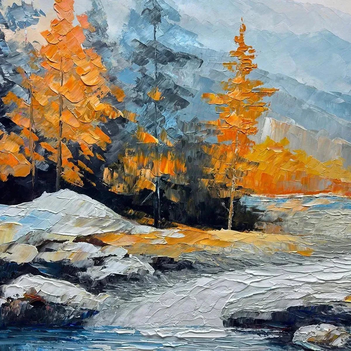 AUTUMN RIVER: Textured Landscape Painting with River and Mountains | rectangular format, hand-painted canvas edge