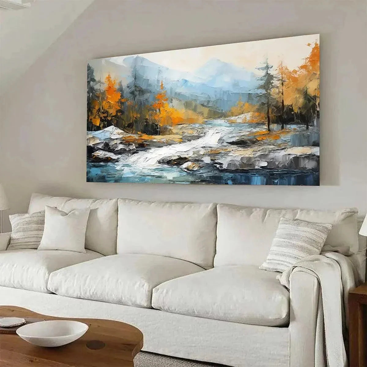 AUTUMN RIVER: Textured Landscape Painting with River and Mountains | gold frame stretched on neutral wall