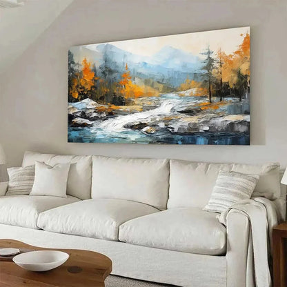 AUTUMN RIVER: Textured Landscape Painting with River and Mountains | gold frame stretched on neutral wall