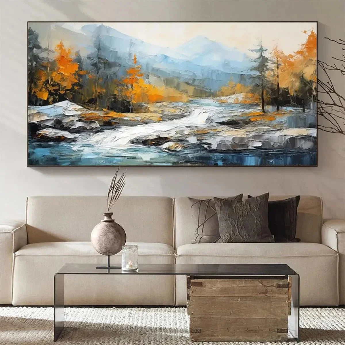AUTUMN RIVER: Textured Landscape Painting with River and Mountains | rolled canvas, ready for custom framing