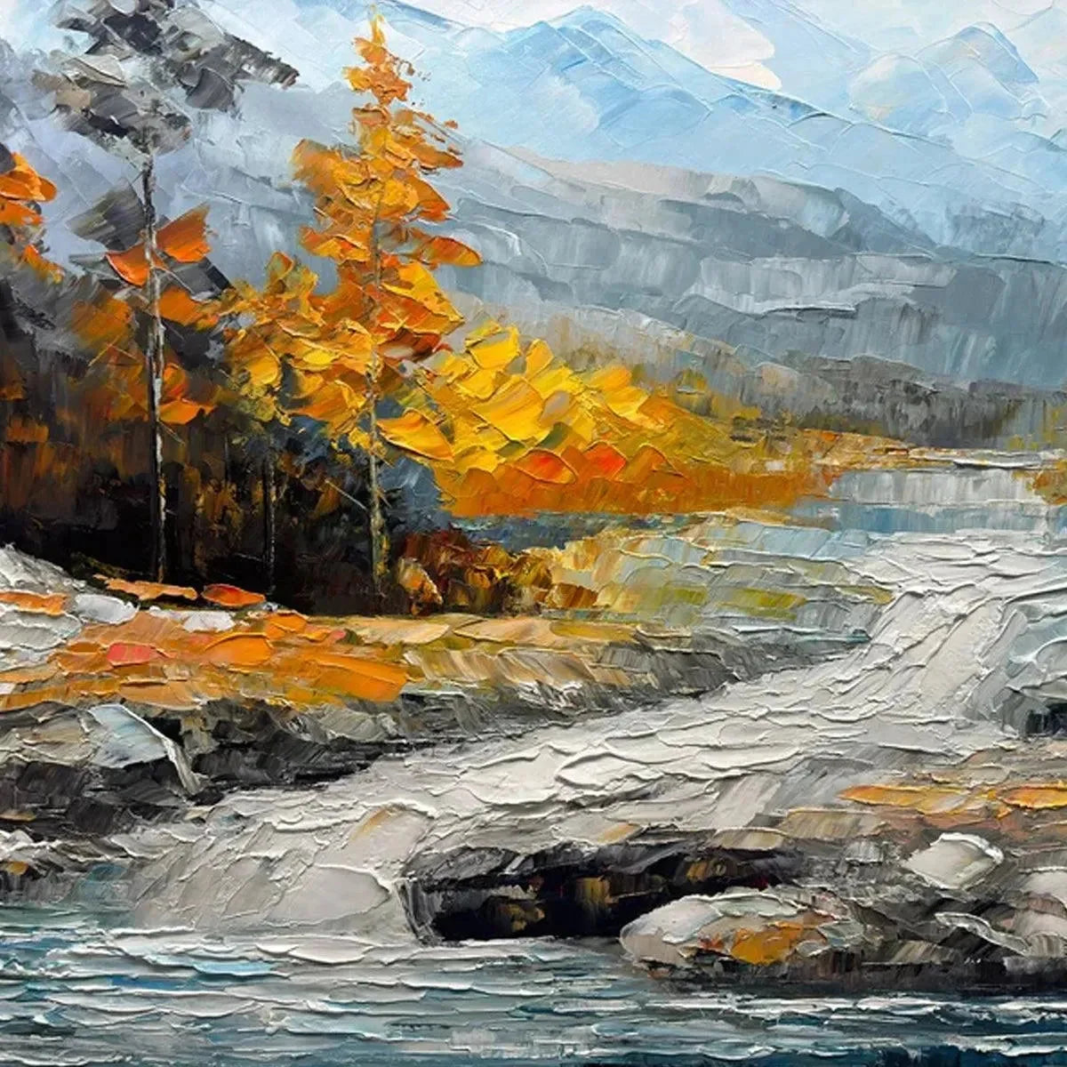 AUTUMN RIVER: Textured Landscape Painting with River and Mountains | black frame version on white wall