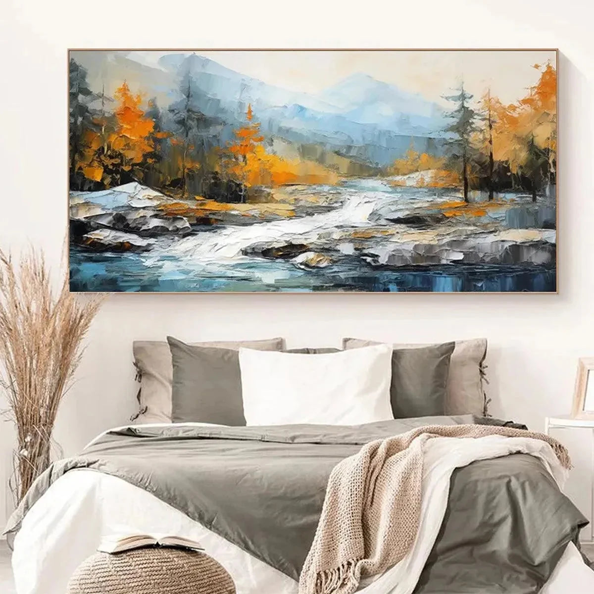 AUTUMN RIVER: Textured Landscape Painting with River and Mountains | textured mood, soft natural light studio shot