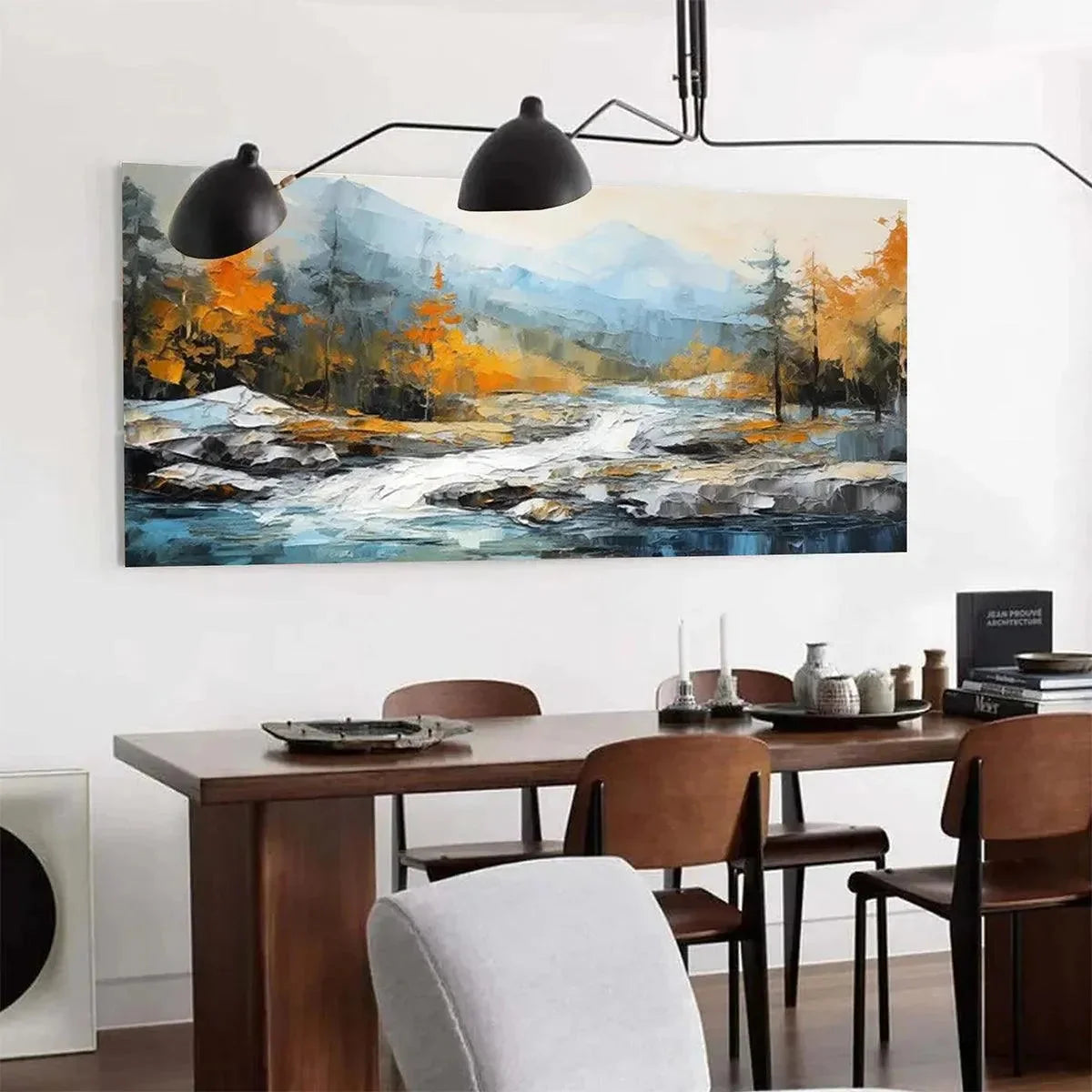 AUTUMN RIVER: Textured Landscape Painting with River and Mountains | multi palette, original dining room art