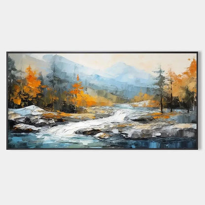 AUTUMN RIVER: Textured Landscape Painting with River and Mountains | hanging in living room, textured wall art