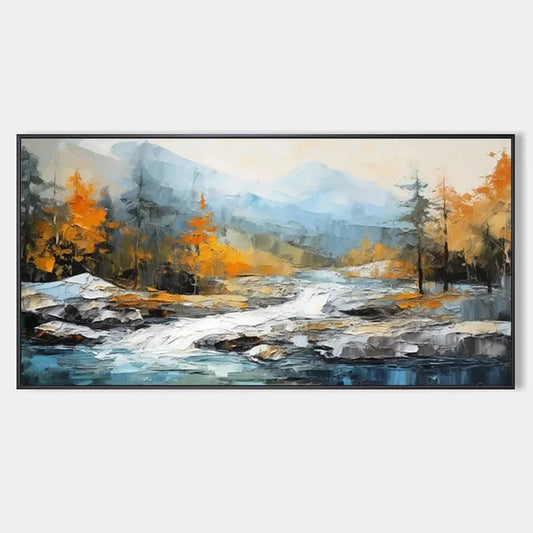 AUTUMN RIVER: Textured Landscape Painting with River and Mountains | hanging in living room, textured wall art