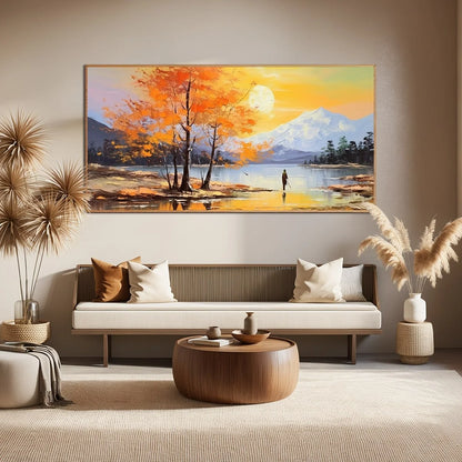 AUTUMN SERENADE: Tranquil Lake and Mountain Landscape Oil Painting | textured closeup, raised brushwork detail