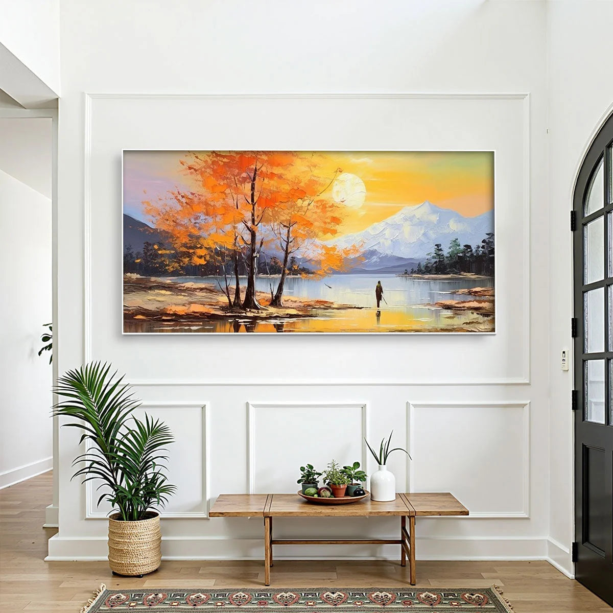 AUTUMN SERENADE: Tranquil Lake and Mountain Landscape Oil Painting | gold frame stretched on neutral wall