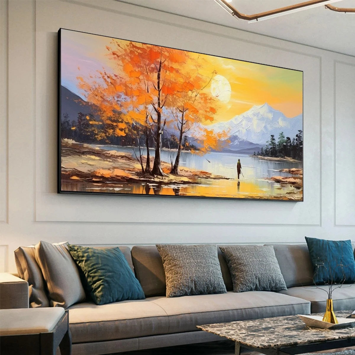 AUTUMN SERENADE: Tranquil Lake and Mountain Landscape Oil Painting | rolled canvas, ready for custom framing