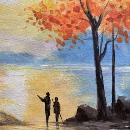 AUTUMN SERENADE: Tranquil Lake and Mountain Landscape Oil Painting | black frame version on white wall