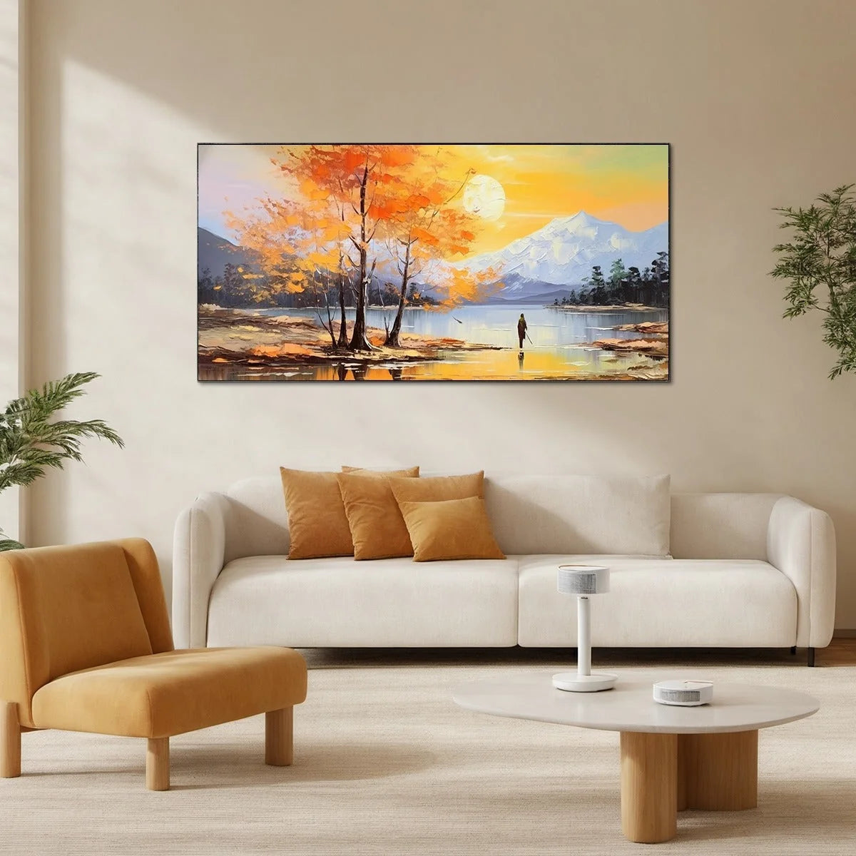 AUTUMN SERENADE: Tranquil Lake and Mountain Landscape Oil Painting | textured mood, soft natural light studio shot