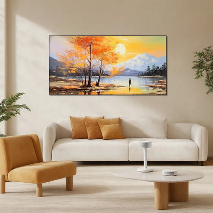 AUTUMN SERENADE: Tranquil Lake and Mountain Landscape Oil Painting | textured mood, soft natural light studio shot