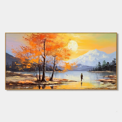 AUTUMN SERENADE: Tranquil Lake and Mountain Landscape Oil Painting | hanging in living room, textured wall art