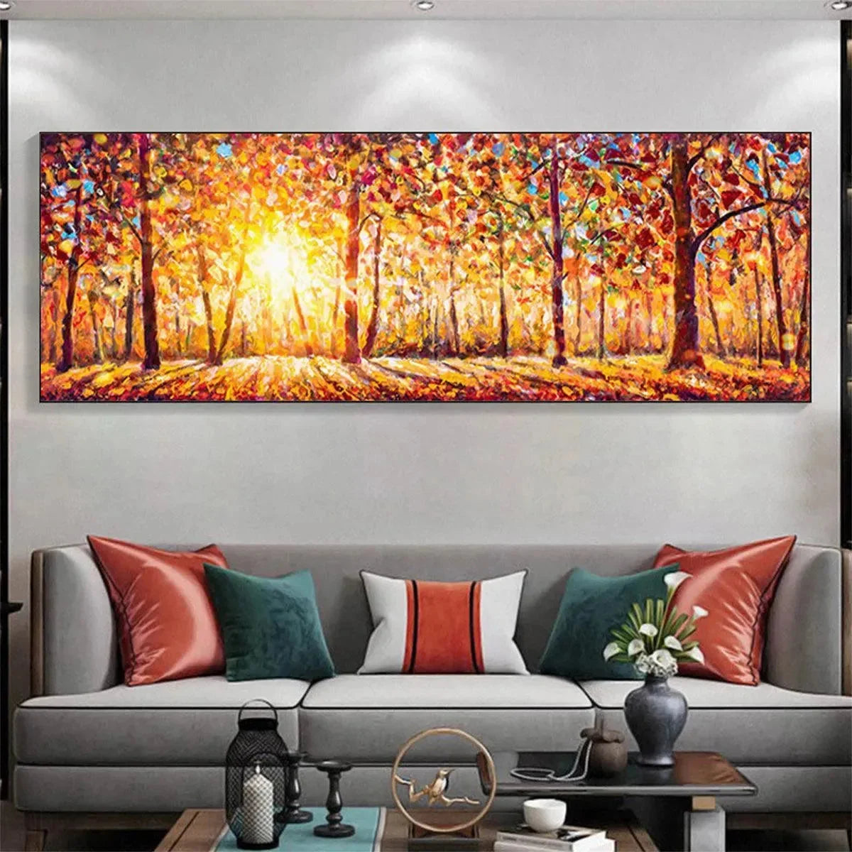 AUTUMN SUNRISE: Panoramic Forest Landscape Painting in Orange and Yellow | textured closeup, raised brushwork detail