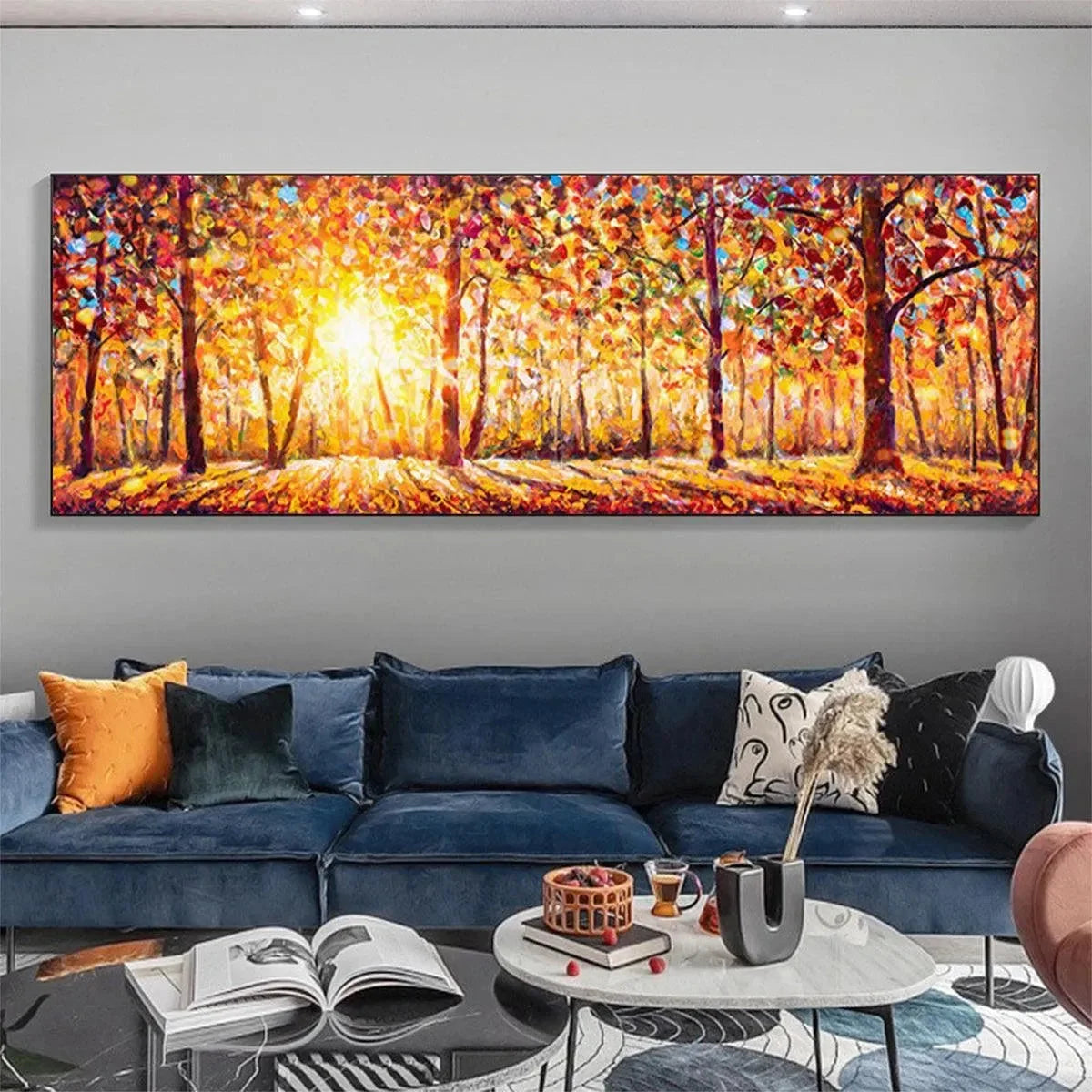 AUTUMN SUNRISE: Panoramic Forest Landscape Painting in Orange and Yellow | gold frame stretched on neutral wall