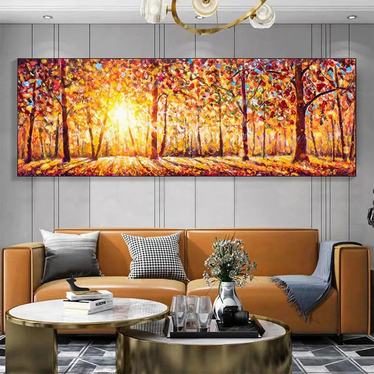 AUTUMN SUNRISE: Panoramic Forest Landscape Painting in Orange and Yellow | rolled canvas, ready for custom framing
