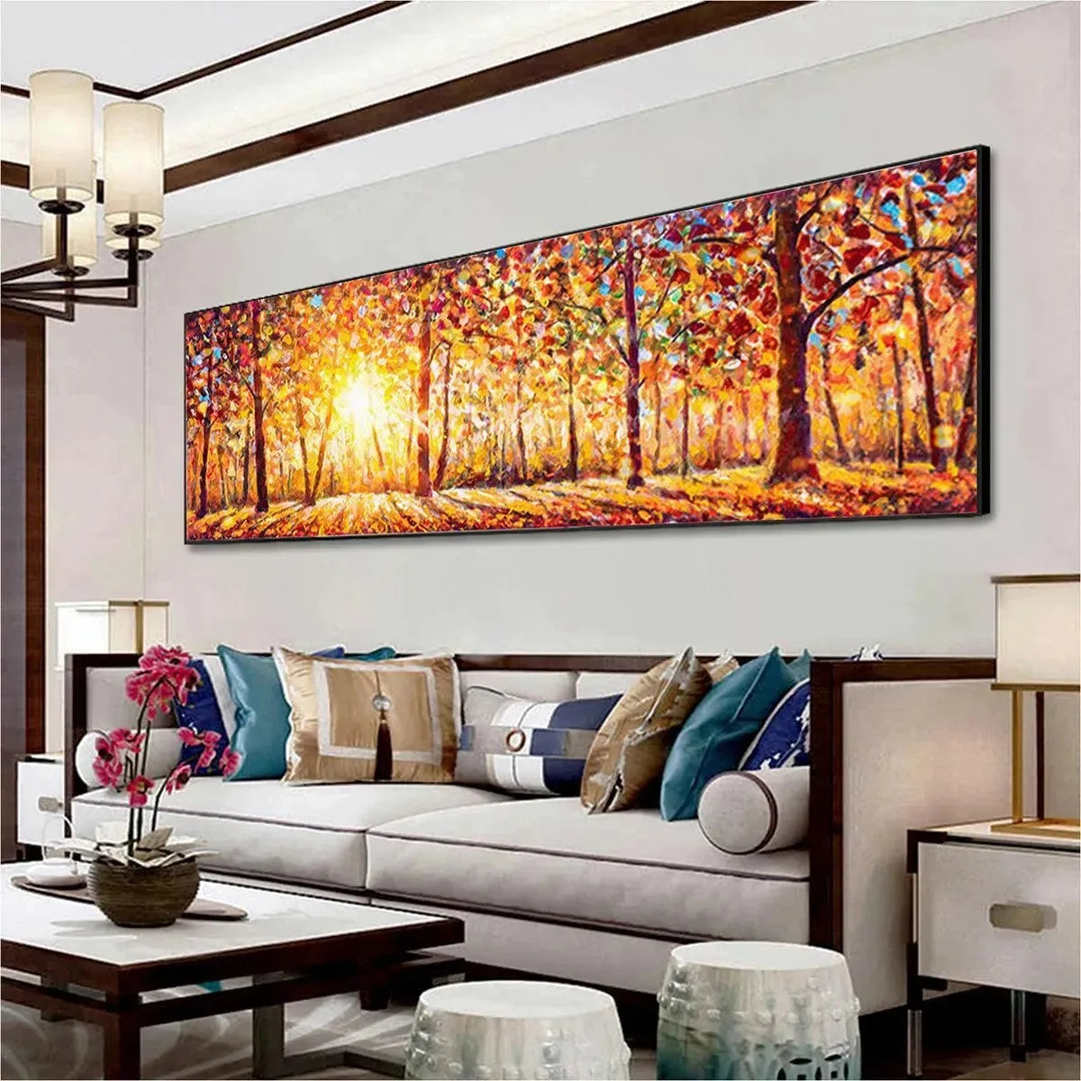 AUTUMN SUNRISE: Panoramic Forest Landscape Painting in Orange and Yellow | textured mood, soft natural light studio shot