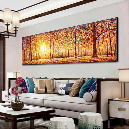 AUTUMN SUNRISE: Panoramic Forest Landscape Painting in Orange and Yellow | textured mood, soft natural light studio shot