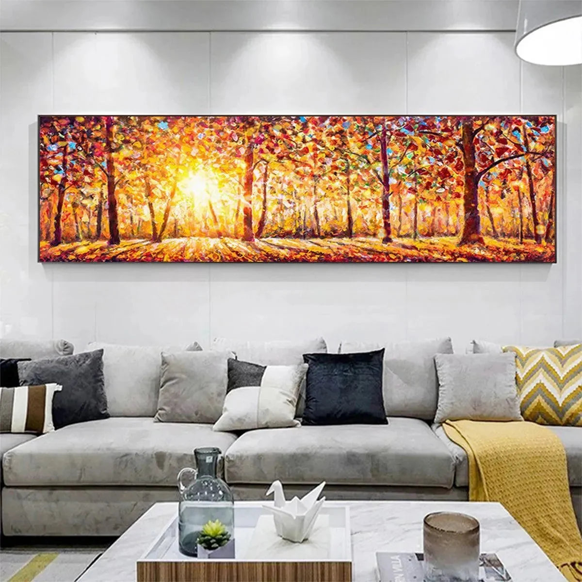 AUTUMN SUNRISE: Panoramic Forest Landscape Painting in Orange and Yellow | multi palette, original dining room art