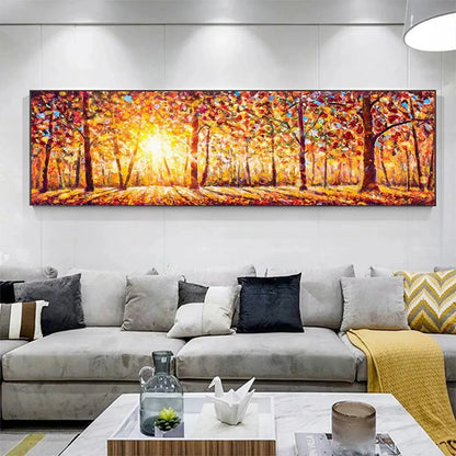 AUTUMN SUNRISE: Panoramic Forest Landscape Painting in Orange and Yellow | multi palette, original dining room art