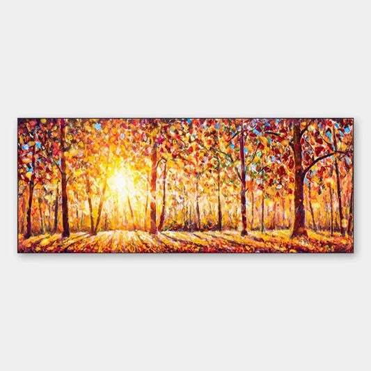AUTUMN SUNRISE: Panoramic Forest Landscape Painting in Orange and Yellow | hanging in living room, textured wall art