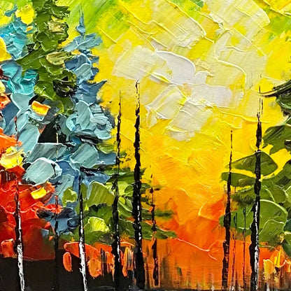 AUTUMN SYMPHONY: Impasto Forest Painting in Vibrant Colors | rectangular format, hand-painted canvas edge