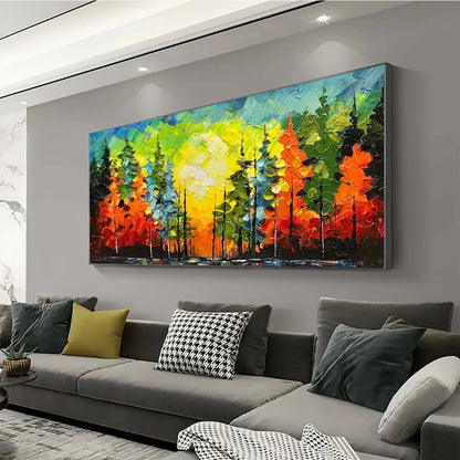 AUTUMN SYMPHONY: Impasto Forest Painting in Vibrant Colors | gold frame stretched on neutral wall