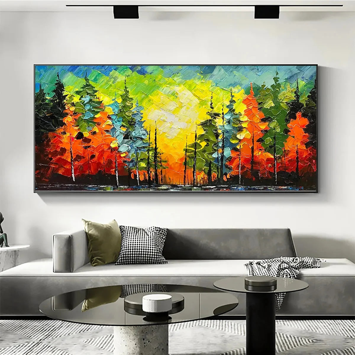 AUTUMN SYMPHONY: Impasto Forest Painting in Vibrant Colors | black frame version on white wall
