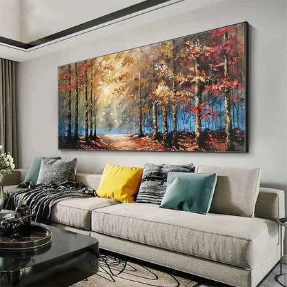AUTUMN TRAIL: Textured Autumn Forest Landscape Painting | gold frame stretched on neutral wall
