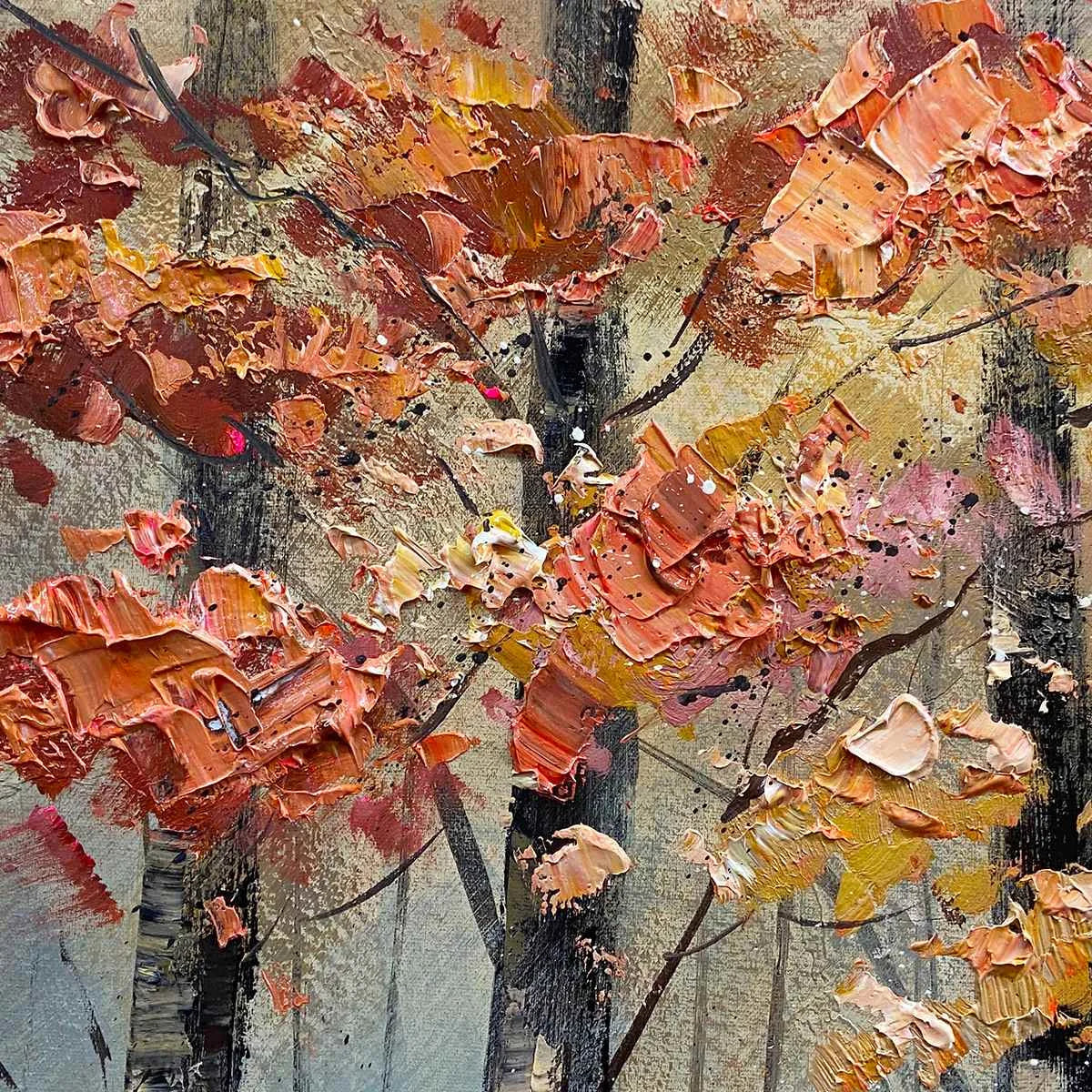 AUTUMN TRAIL: Textured Autumn Forest Landscape Painting | black frame version on white wall