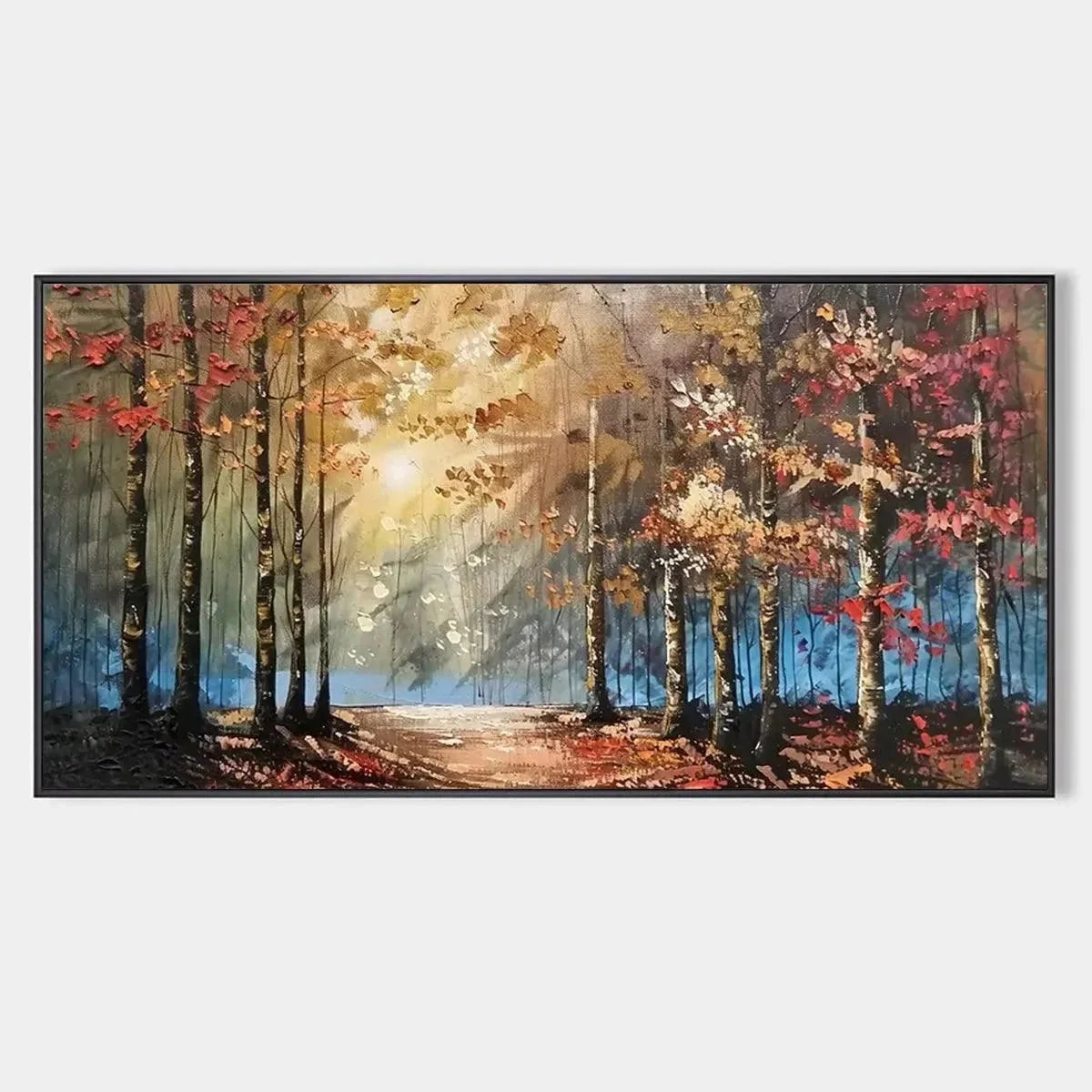 AUTUMN TRAIL: Textured Autumn Forest Landscape Painting | hanging in living room, textured wall art