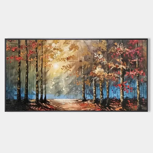 AUTUMN TRAIL: Textured Autumn Forest Landscape Painting | hanging in living room, textured wall art