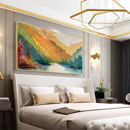AUTUMN VALLEY: Textured Landscape Painting | gold frame stretched on neutral wall
