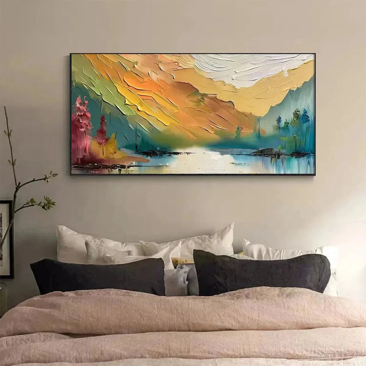 AUTUMN VALLEY: Textured Landscape Painting | black frame version on white wall