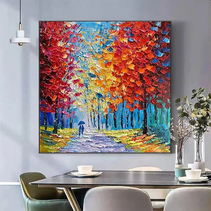 AUTUMN WALK: Textured Impasto Painting of a Couple Walking in an Autumn Forest | rectangular format, hand-painted canvas edge