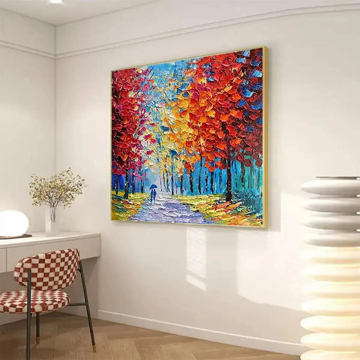 AUTUMN WALK: Textured Impasto Painting of a Couple Walking in an Autumn Forest | gold frame stretched on neutral wall