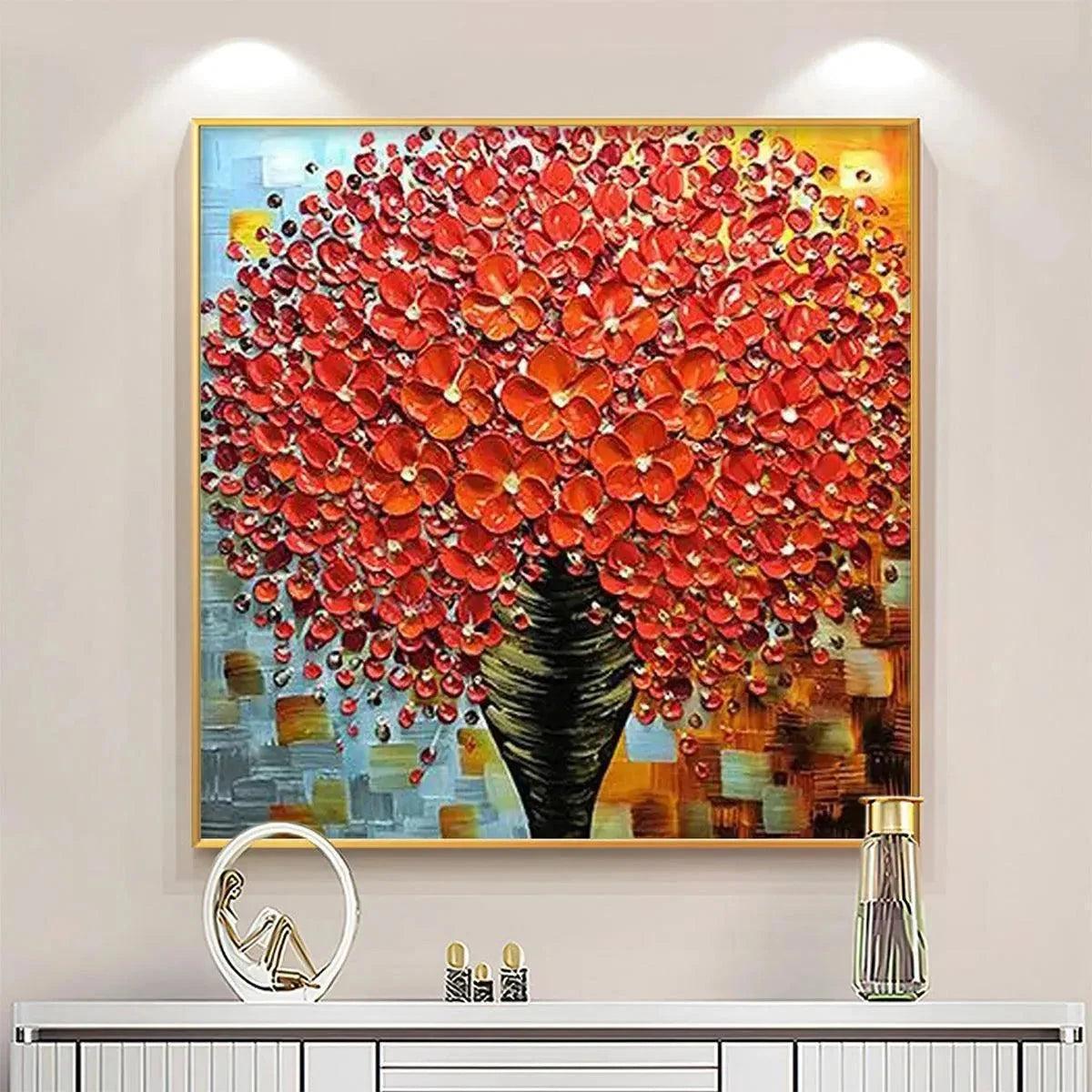 CRIMSON BOUQUET: Textured Impasto Floral Painting in Red | Abstract closeup, raised brushwork detail
