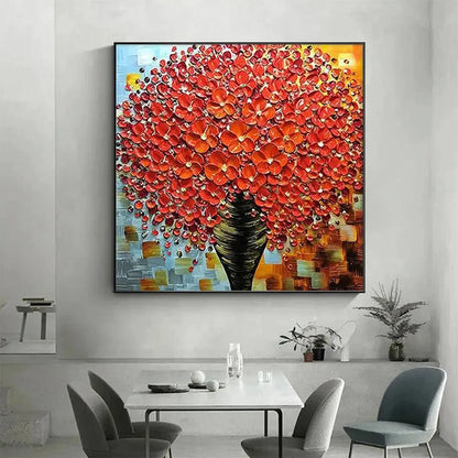 CRIMSON BOUQUET: Textured Impasto Floral Painting in Red | gold frame stretched on neutral wall