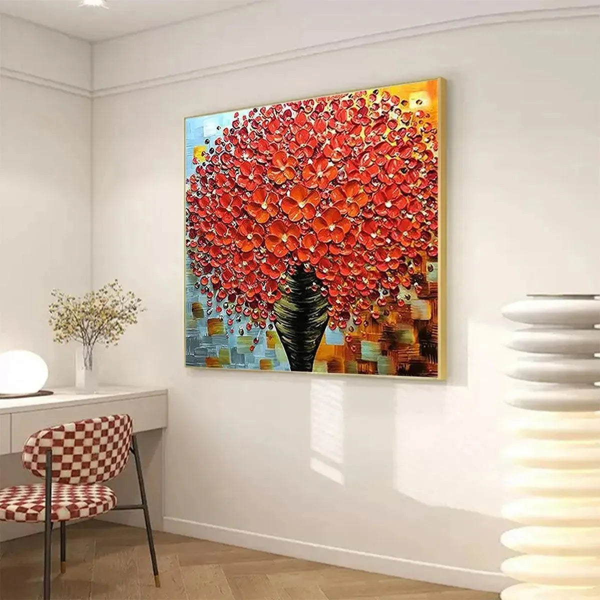 CRIMSON BOUQUET: Textured Impasto Floral Painting in Red | Abstract mood, soft natural light studio shot