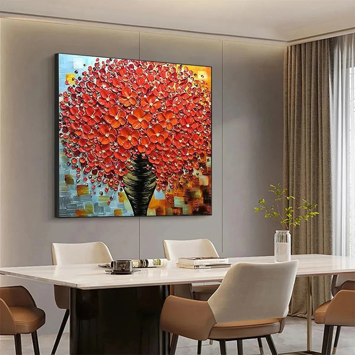 CRIMSON BOUQUET: Textured Impasto Floral Painting in Red | beige palette, original Hand-painted on premium stretched canvas using artist-grade oils; rich layered surface combines smooth gradients w...