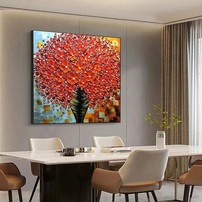 CRIMSON BOUQUET: Textured Impasto Floral Painting in Red | beige palette, original Hand-painted on premium stretched canvas using artist-grade oils; rich layered surface combines smooth gradients w...